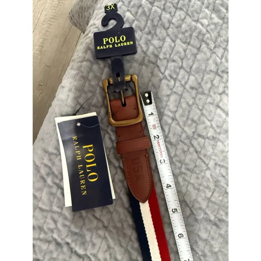 Polo Ralph Lauren Men’s 3X Canvas Stripe Belt Leather Golf Classic Preppy